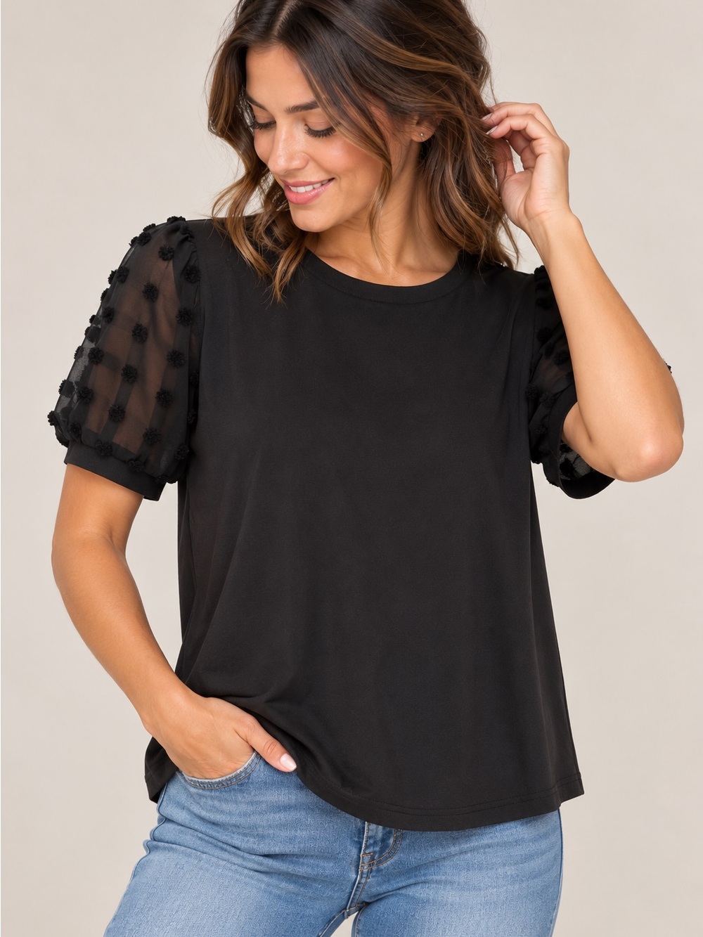 Women's NWT Black Short Sleeve Top with Dotted Puff Sleeves size large